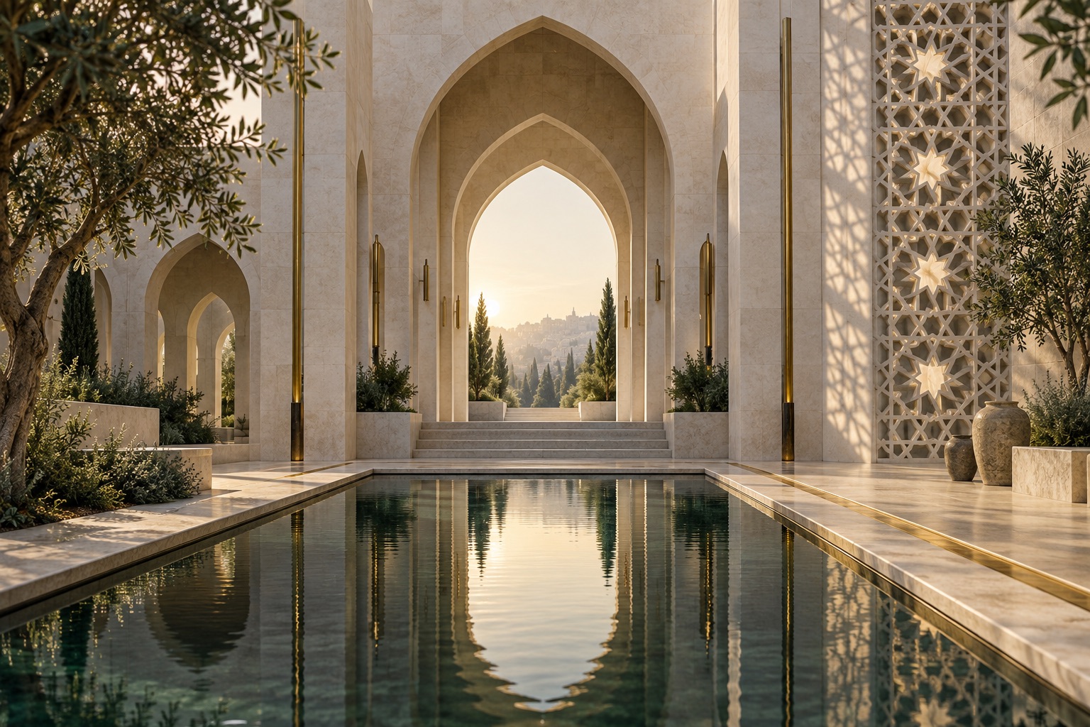 Concept artwork of a sunlit courtyard with pointed arches, geometric screens and a reflecting pool